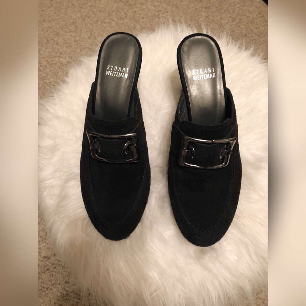 Stuart Weitzman Double Agent Blksuede Buckle Clog - image 2